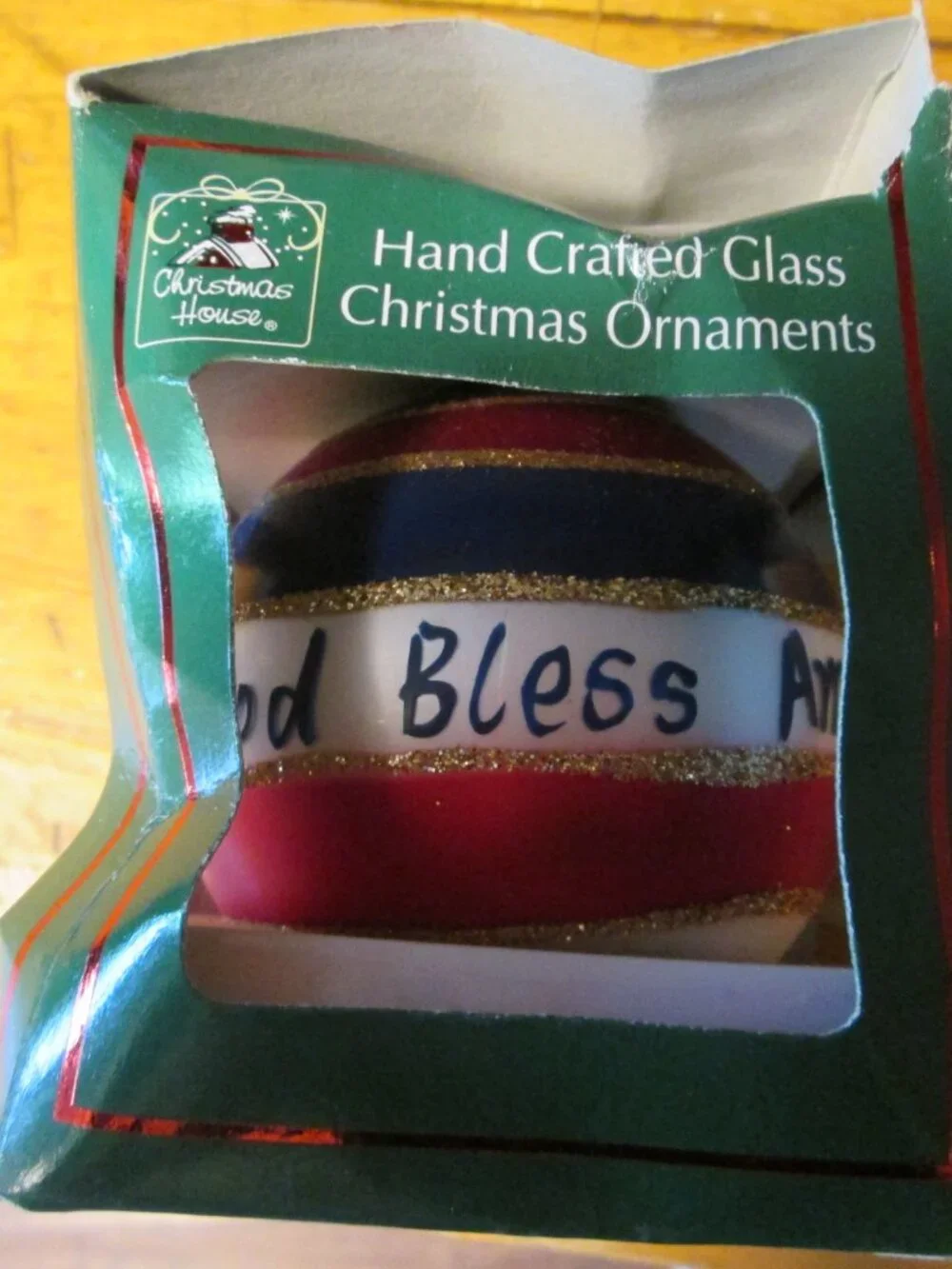 In box Christmas House Glass glitter handcrafted ornament God Bless America